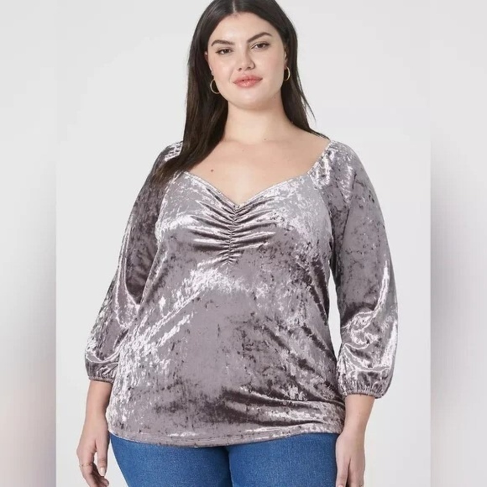 2/$30 Lane Bryant Crushed Velvet Top 22/24 Taupe Sweetheart Neckline Ruched